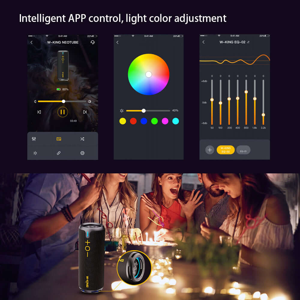 Smartphone app interface for controlling W-KING speaker with color adjustment and audio settings.