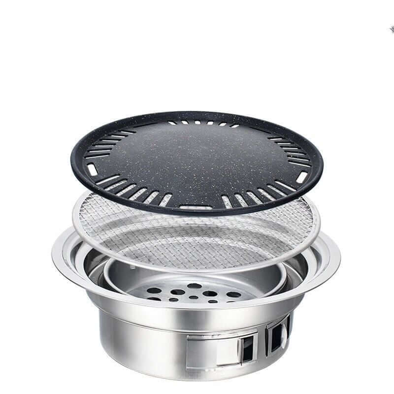 Korean stainless steel charcoal barbecue grill parts with grilling net, baking tray, and tray lifter for consumers and commercial use.