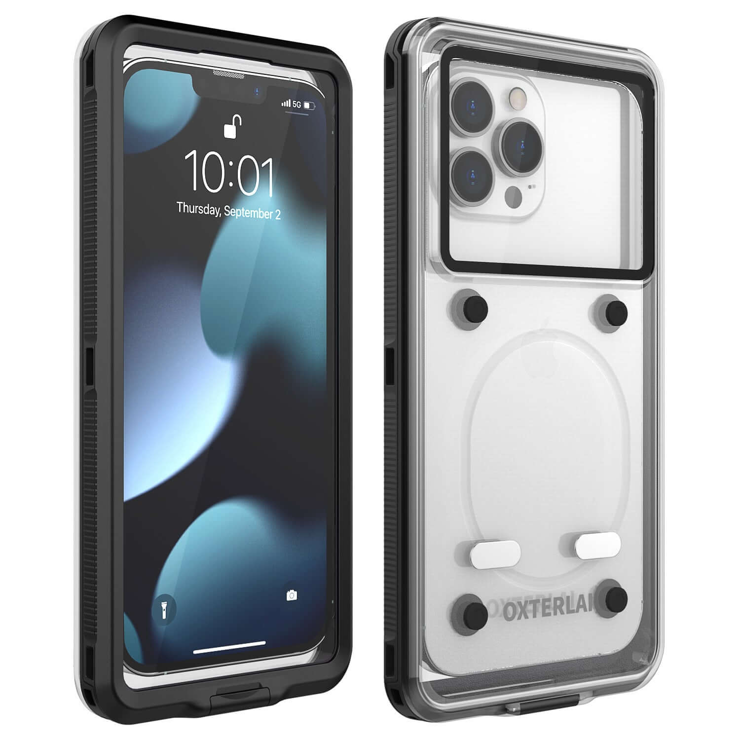 Black and transparent waterproof phone case designed for iPhone with protective features and diving capability.