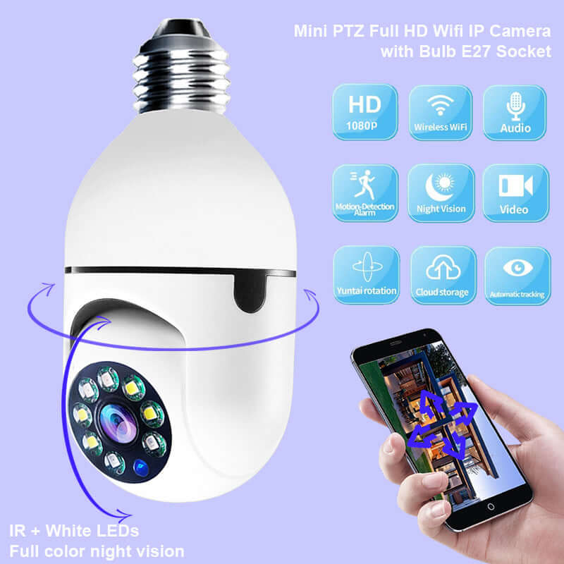 WiFi camera bulb with E27 socket, featuring 1080P HD video, night vision, and motion detection, displayed with smartphone control.