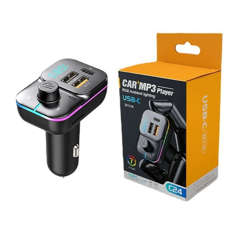 Car Bluetooth MP3 Player Charger with USB-C interface and RGB ambient lighting, packaging shown. Fast charging and easy use.