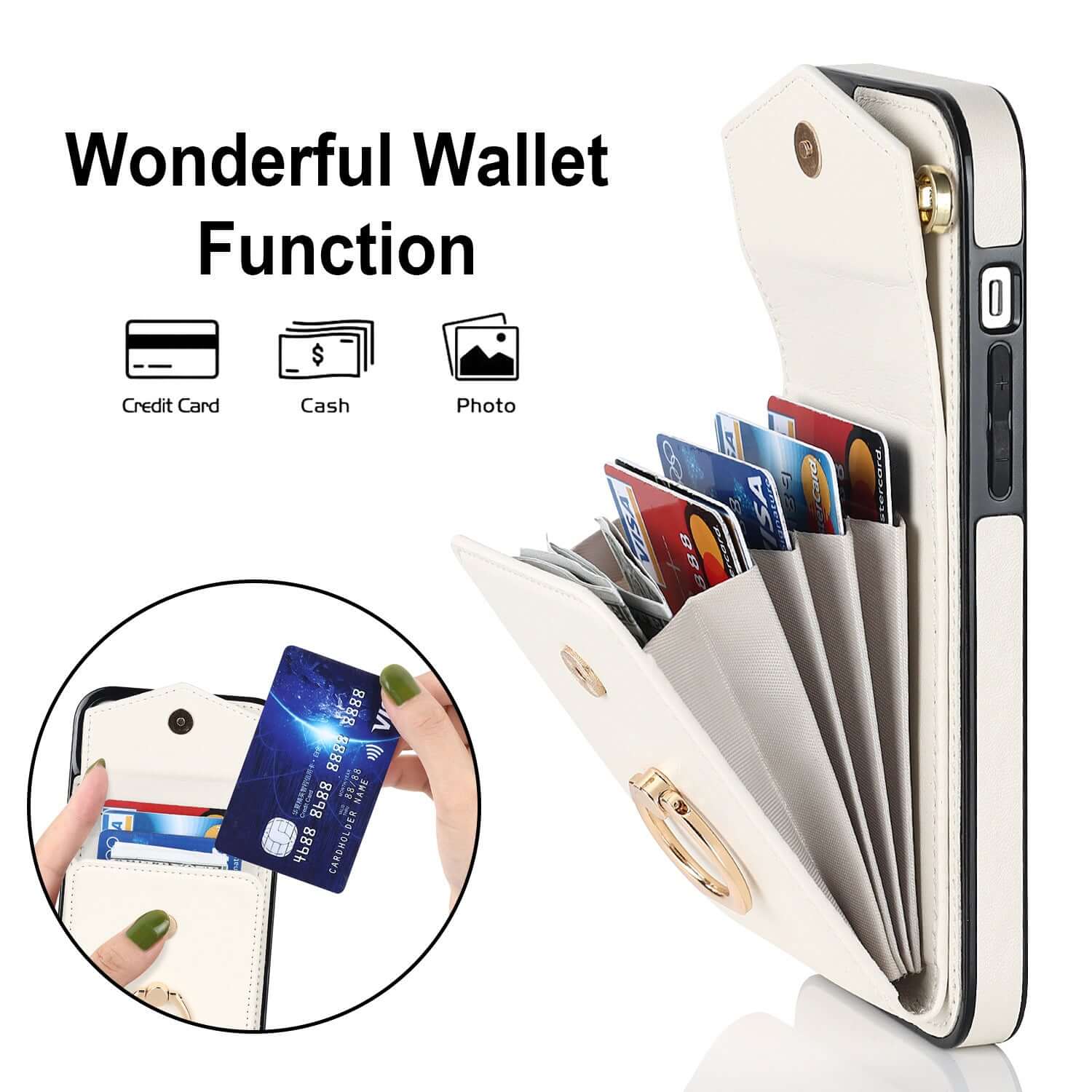 Creative mobile phone leather cover with wallet function, holding credit cards and cash, showcasing its practicality.