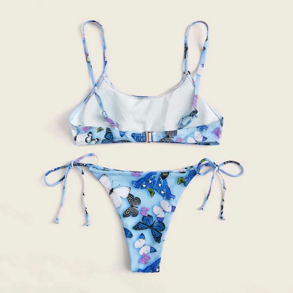 Summer flowers print bikini set with butterfly design, stylish and comfortable push-up swimsuit for beach wear.