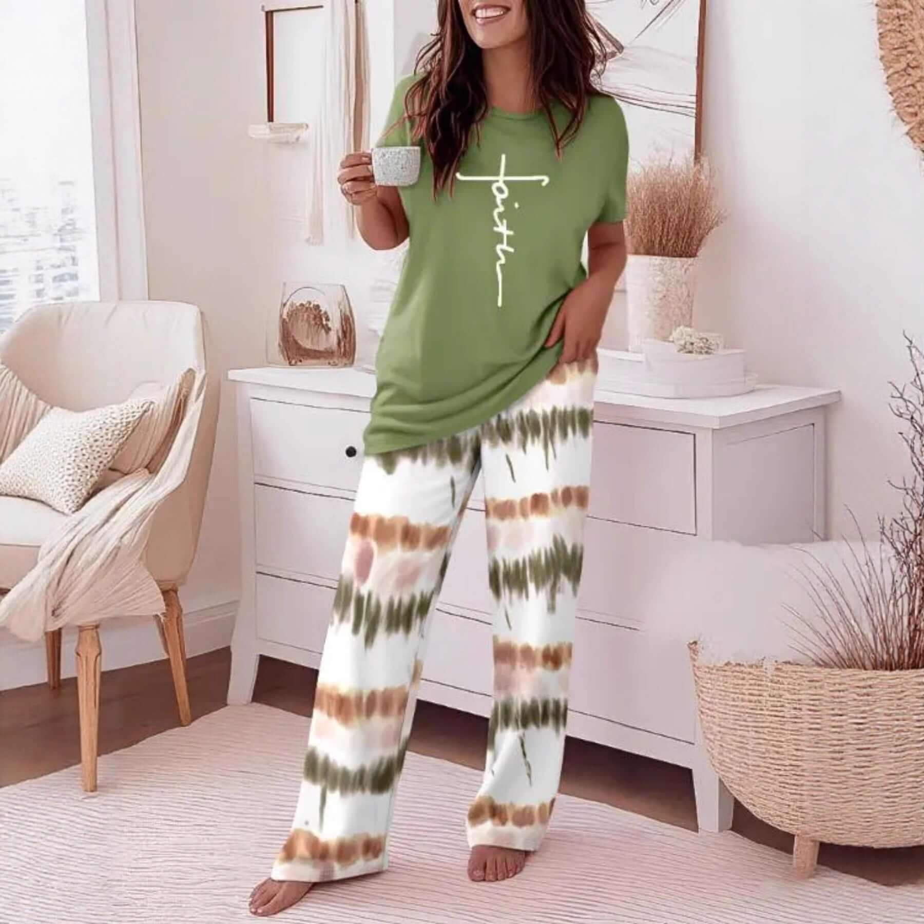 Crew - neck Short - sleeve Casual Striped Print Wide - leg Pants Two - piece Trouser Set - DBMP (Electronics And More Store)