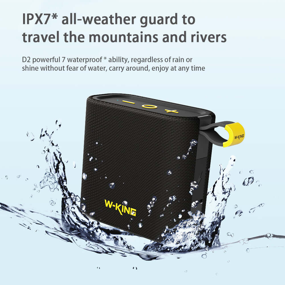 Black Bluetooth speaker with IPX7 waterproof design, perfect for outdoor adventures and travel.