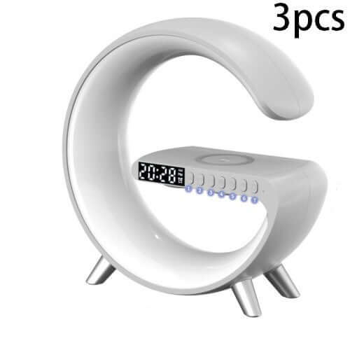 G-shaped LED lamp with wireless charging and Bluetooth speaker, ideal for bedroom decor.