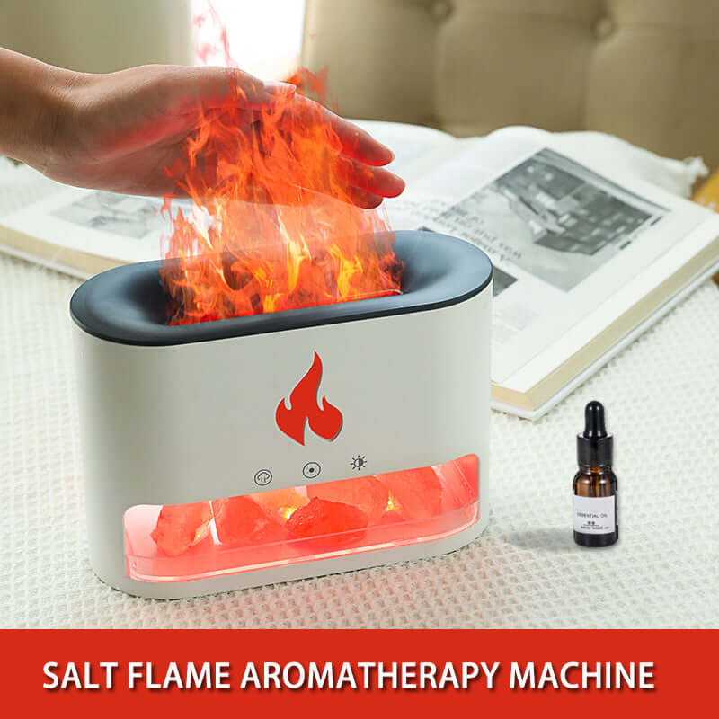 Salt flame aromatherapy machine with glowing Himalayan salt, ideal for essential oils and humidifying.