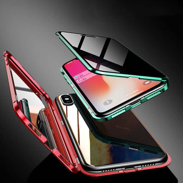 Colorful flip phone case showing anti-peep magnetic protective shell and tempered glass for iPhone models.