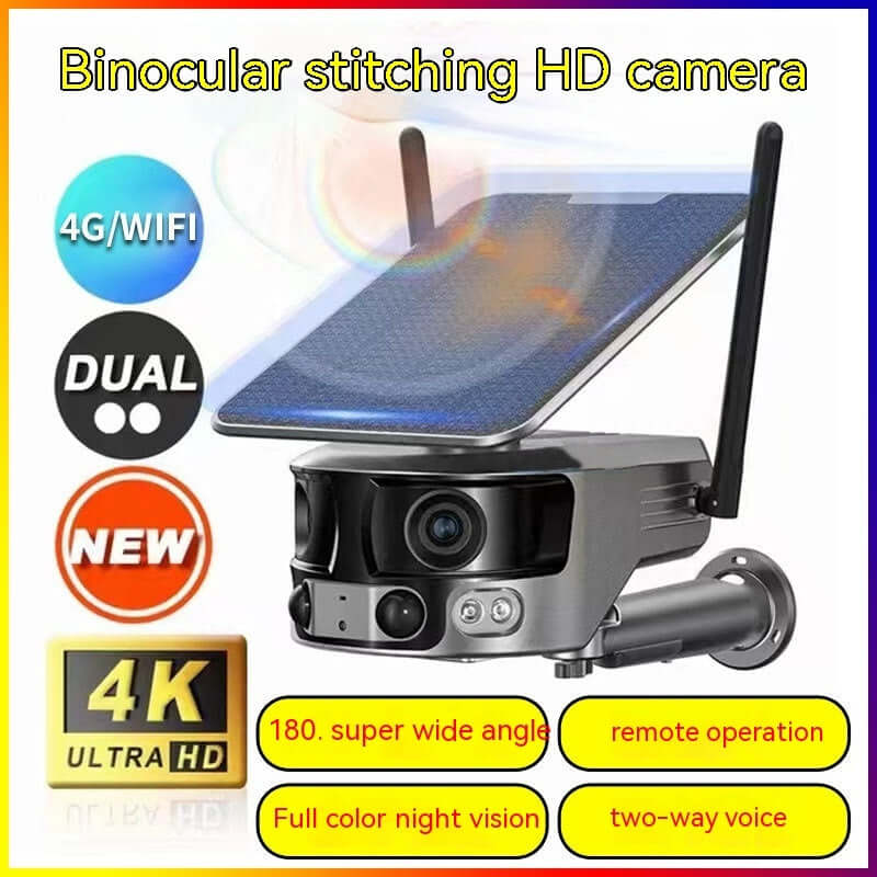 Binocular stitching HD camera with 4G/WIFI, dual antennas, super wide angle, and color night vision.