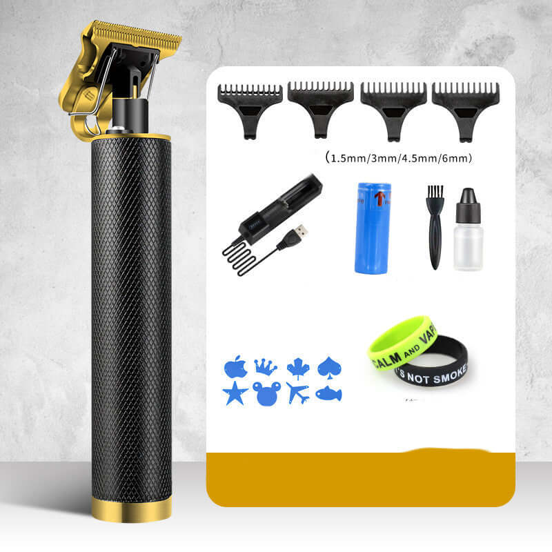 Professional electric hair clipper with grooming tools and accessories, featuring adjustable guides and ergonomic design.