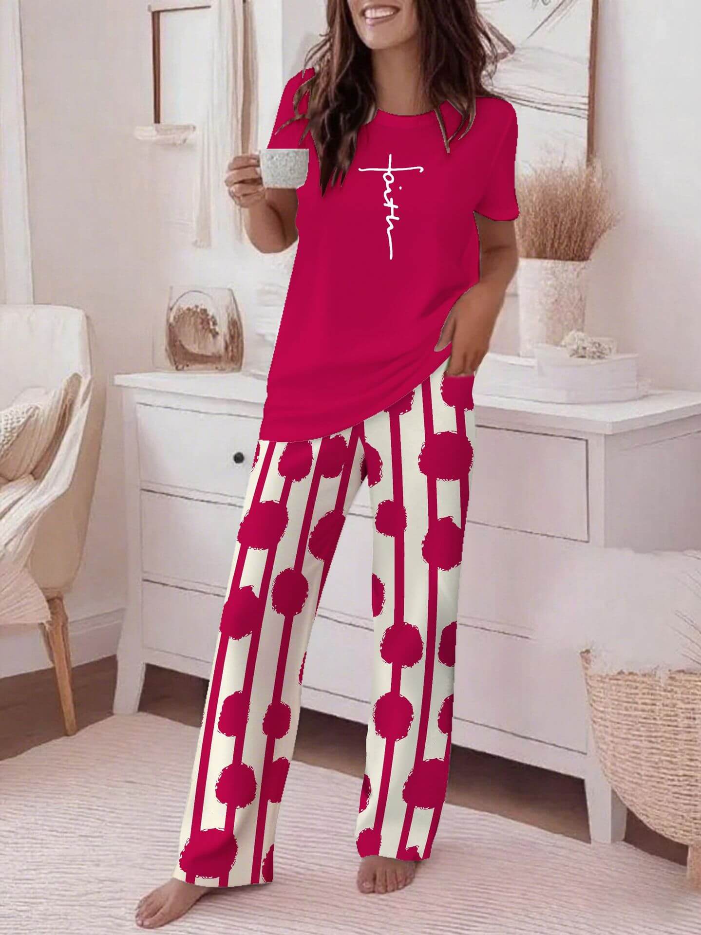 Crew - neck Short - sleeve Casual Striped Print Wide - leg Pants Two - piece Trouser Set - DBMP (Electronics And More Store)