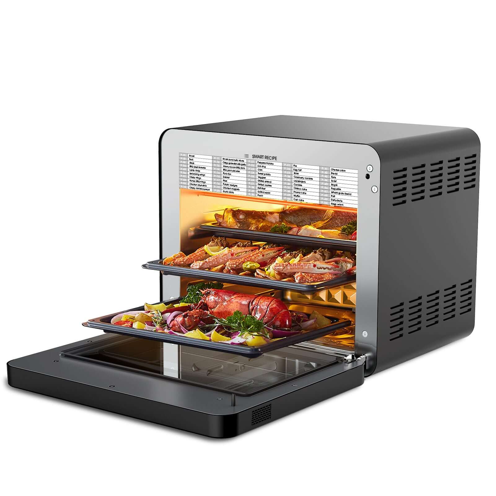 Geek Chef Steam Air Fryer Toast Oven Combo with three trays cooking a variety of foods, showcasing innovative steam and air fry technology.