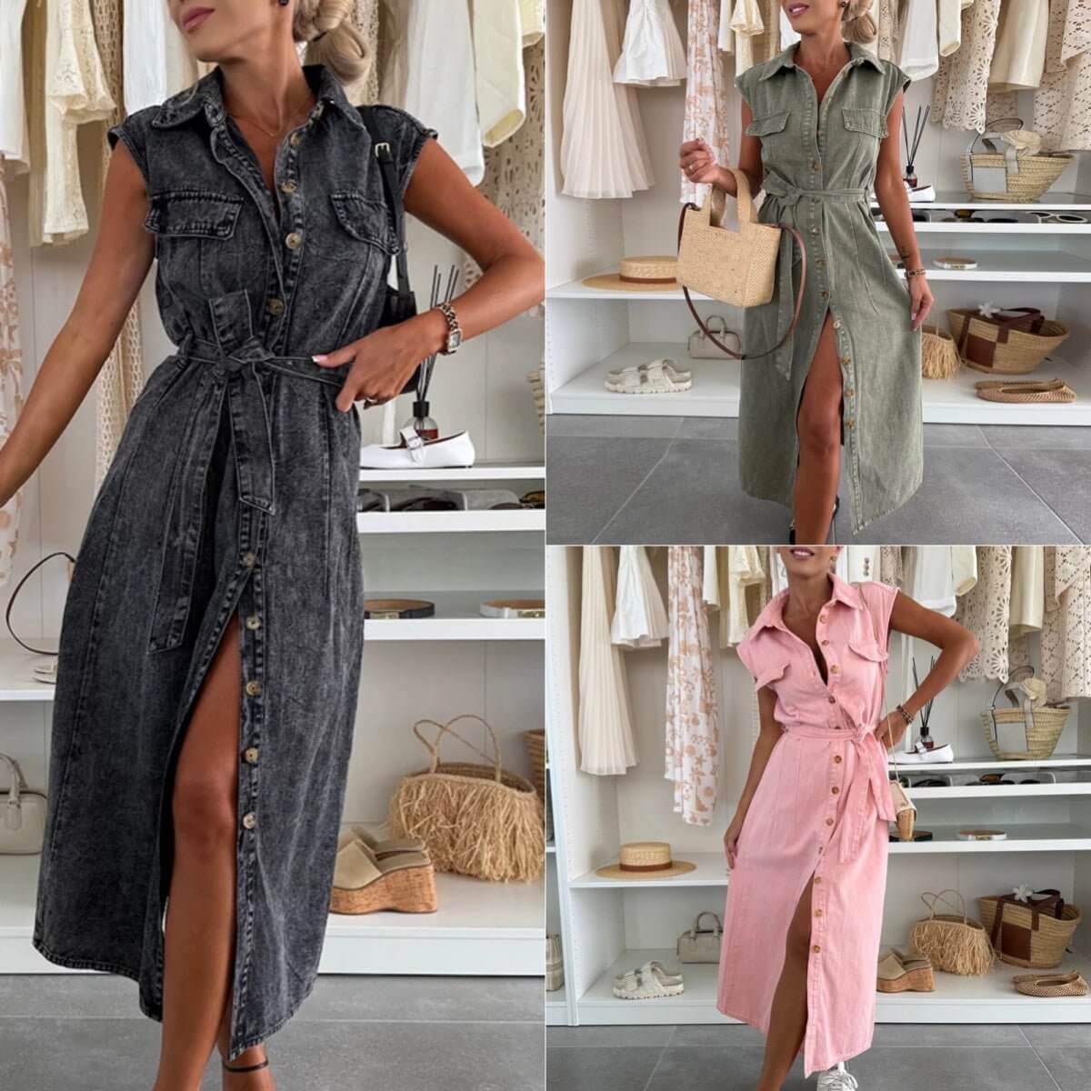 Women's Casual Sleeveless Lace - up Long Dresses Fashion Pockets Solid Party Office Elegant Lapel Single Breasted Denim Dress Summer - DBMP (Electronics And More Store)