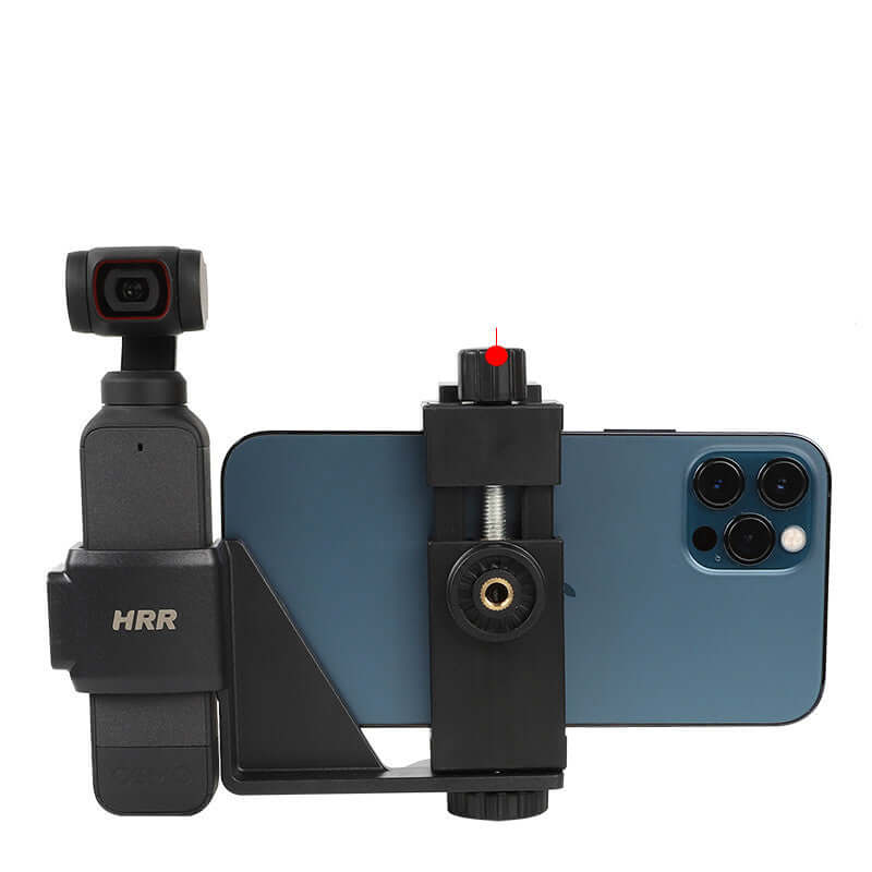 Handheld selfie stick tripod for iPhone with compatible pocket PTZ camera attached.