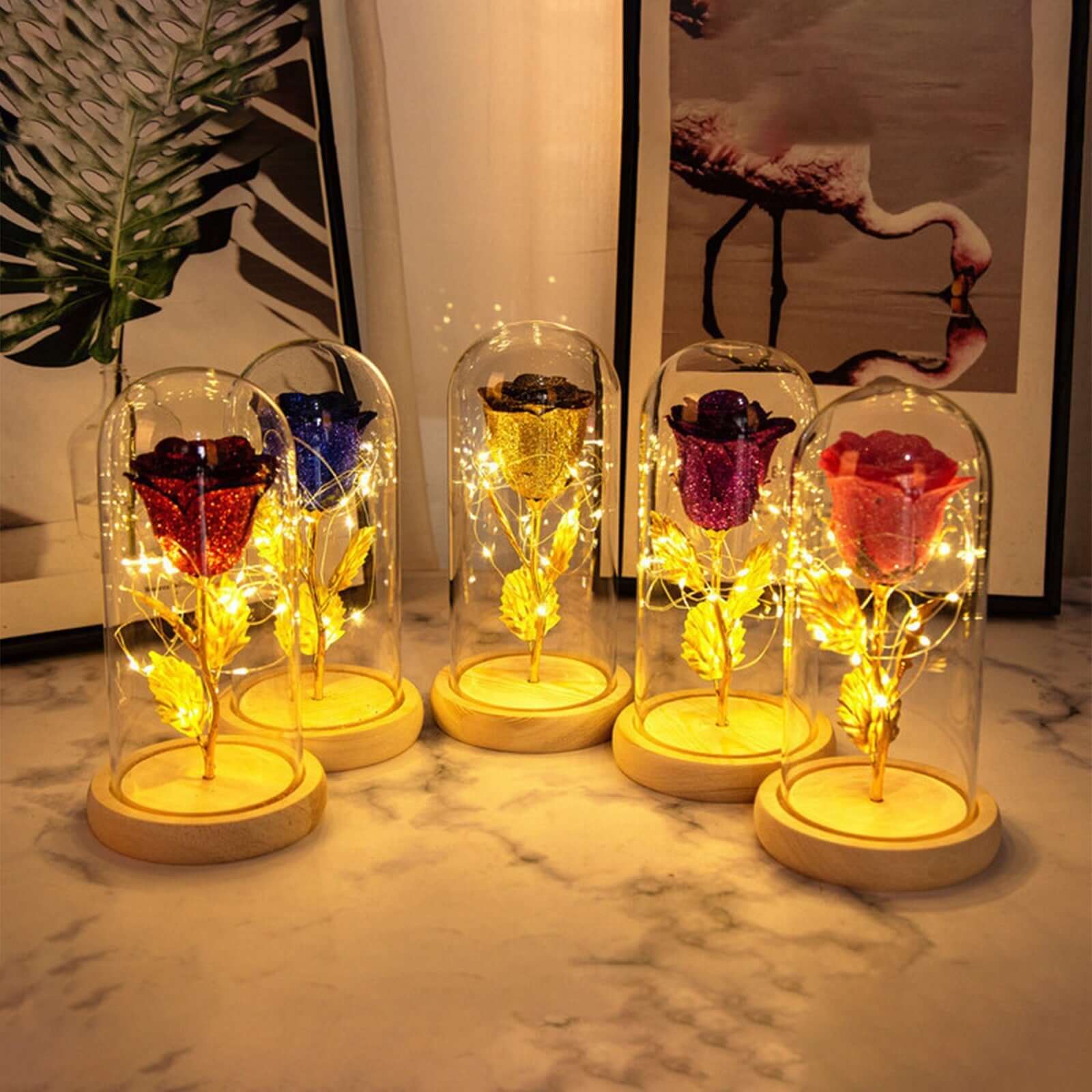 LED eternal rose flowers in glass covers, decorative lights for romantic gifts and celebrations.