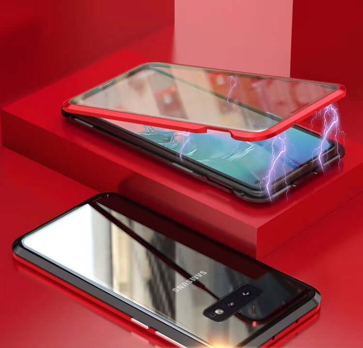 Samsung S10plus/S10lite magnetar double-sided glass case in red on a stylish display background.