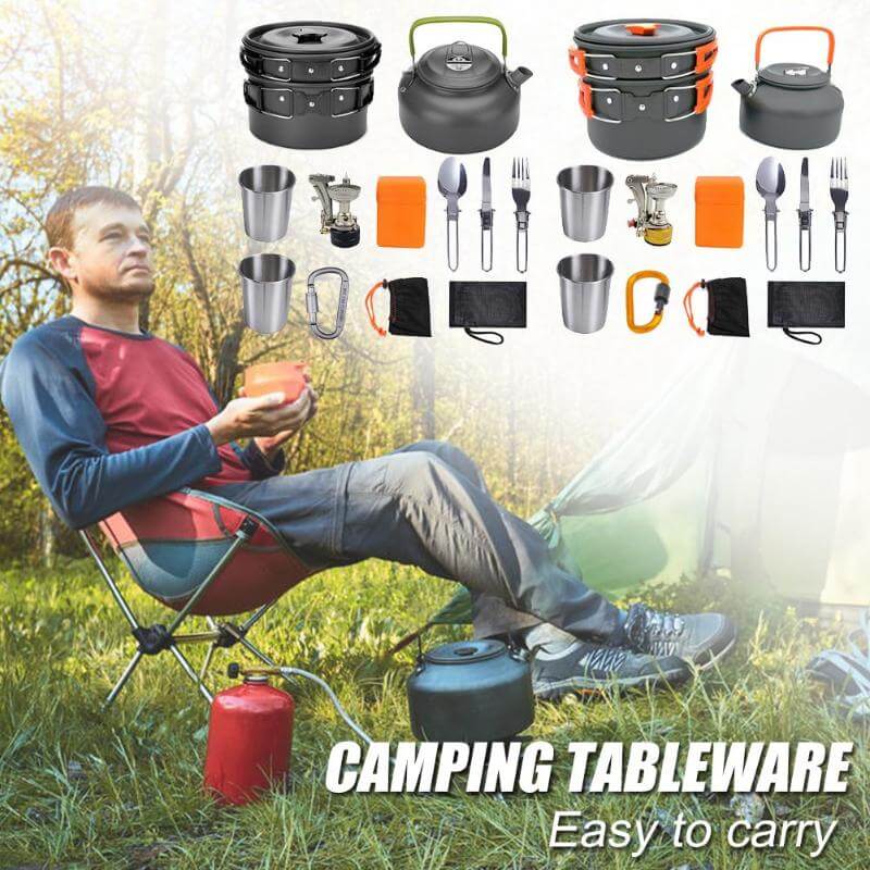Portable camping cookware set, including pots, cups, and utensils, displayed with a person enjoying tea outdoors.