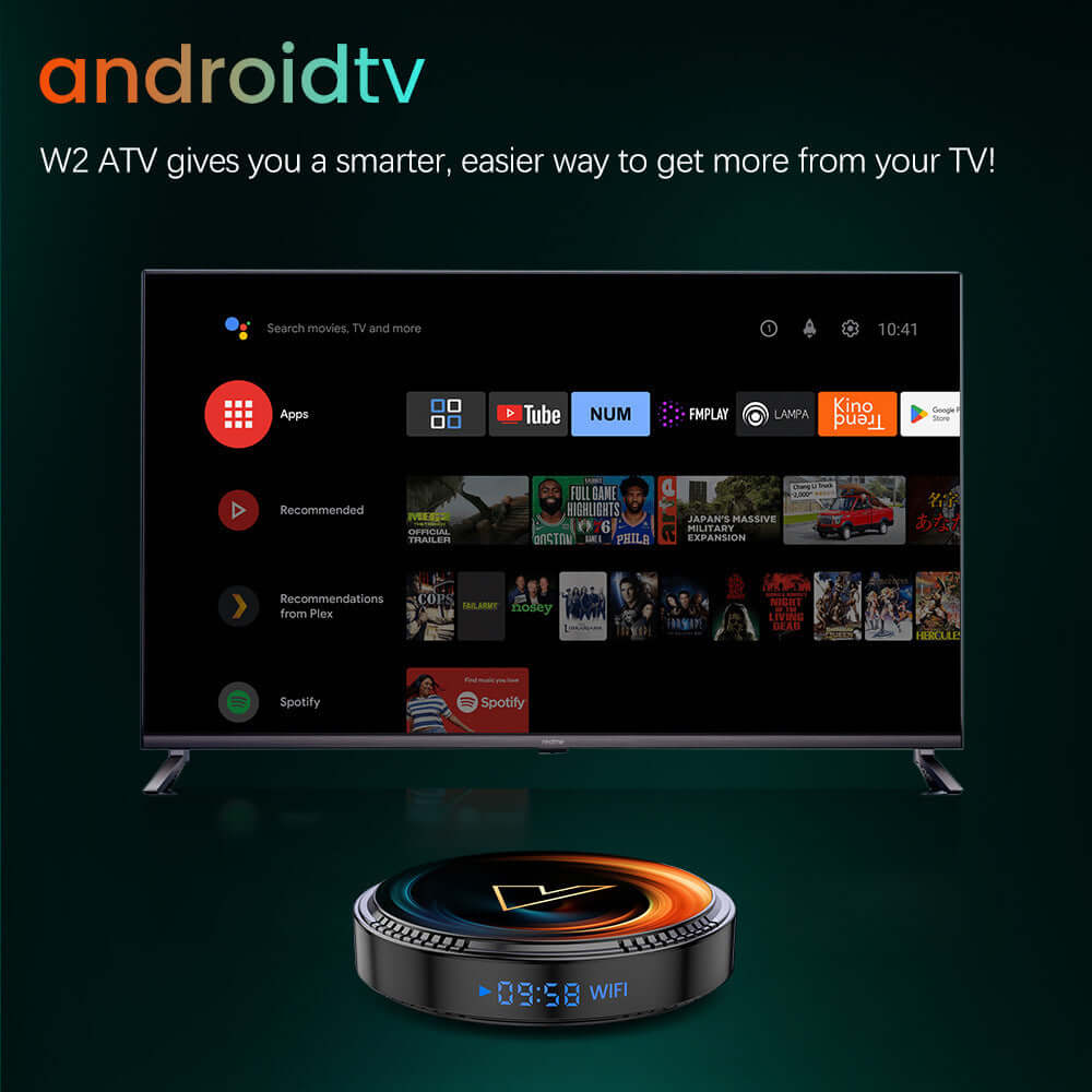 W2 ATV Android TV box with interface displaying apps and streaming services on a smart TV screen.