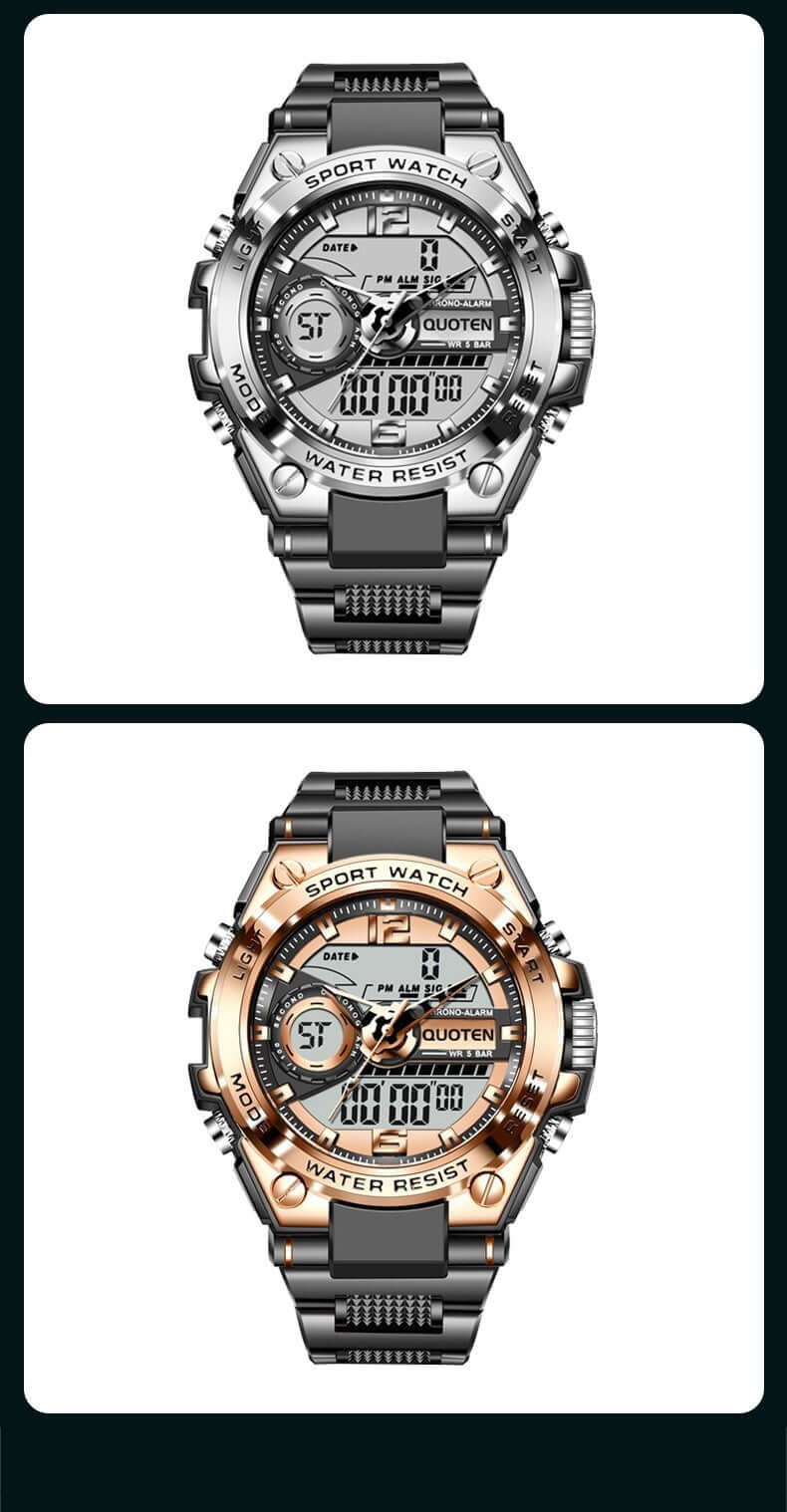 Waterproof electronic sports quartz watch in silver and gold, featuring multi-function display and stylish design.