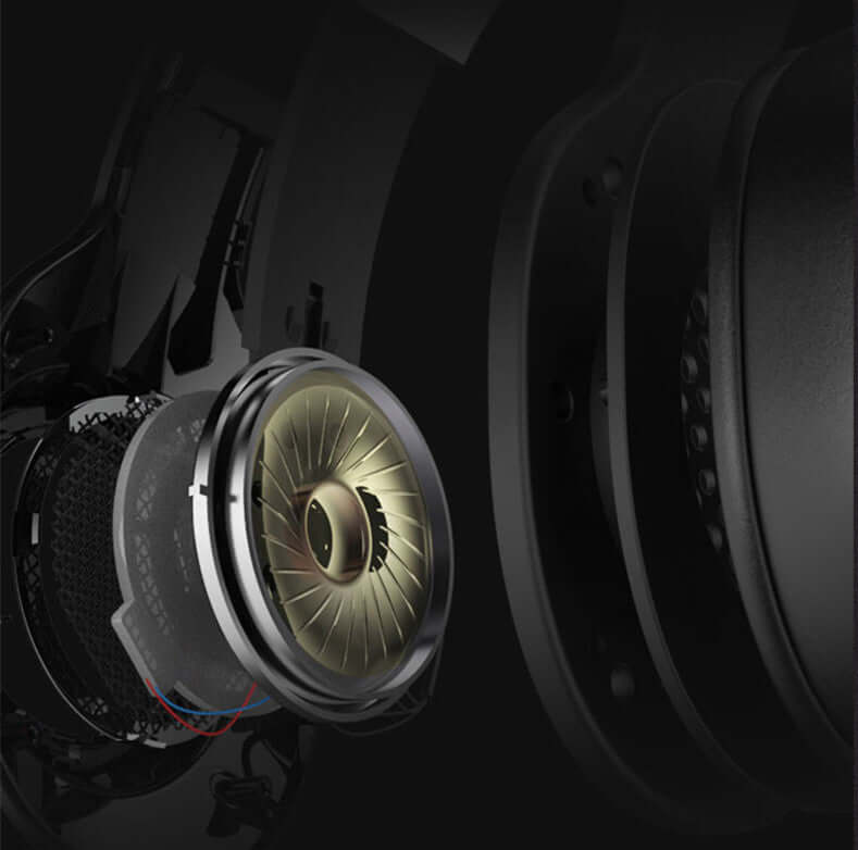 Close-up of USB gaming headset speaker showing detailed sound driver and design features.