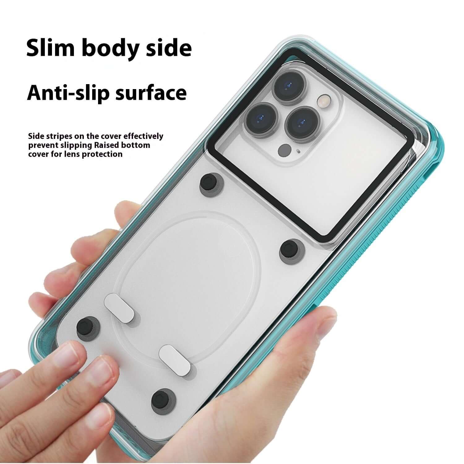 Waterproof phone case with slim design and anti-slip surface, ideal for iPhone protection and diving activities.