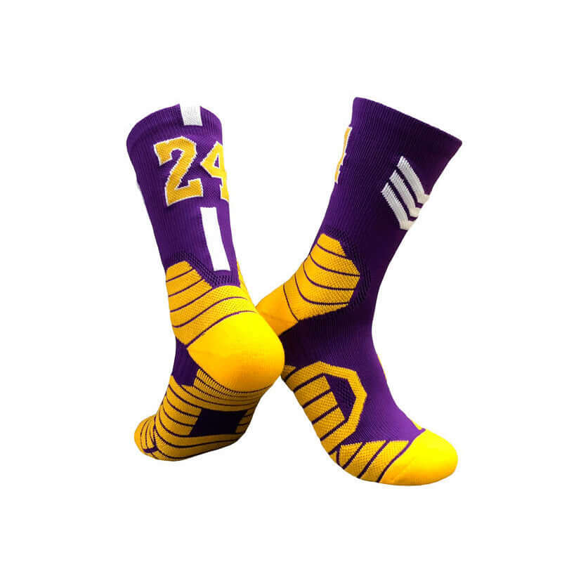 Superstar basketball socks in purple and yellow, featuring number 24 design, suitable for adults and children.