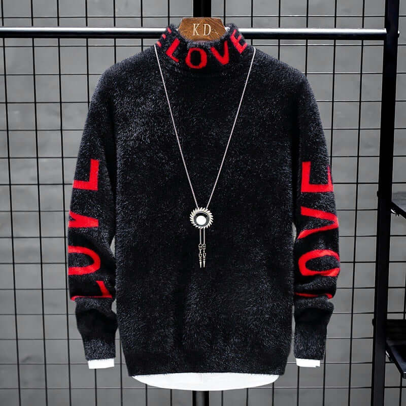 High neck loose fit sweater for men in black with red 'LOVE' print, casual style, and trendy necklace.