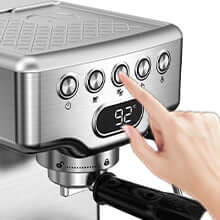 Geek Chef Espresso Machine control panel with a finger pressing the button, displaying temperature for perfect brewing.