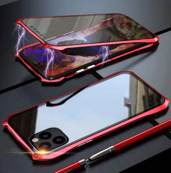 Glass magnetic king protective cover for iPhone 11 in red, featuring a sleek design with lightning effects.
