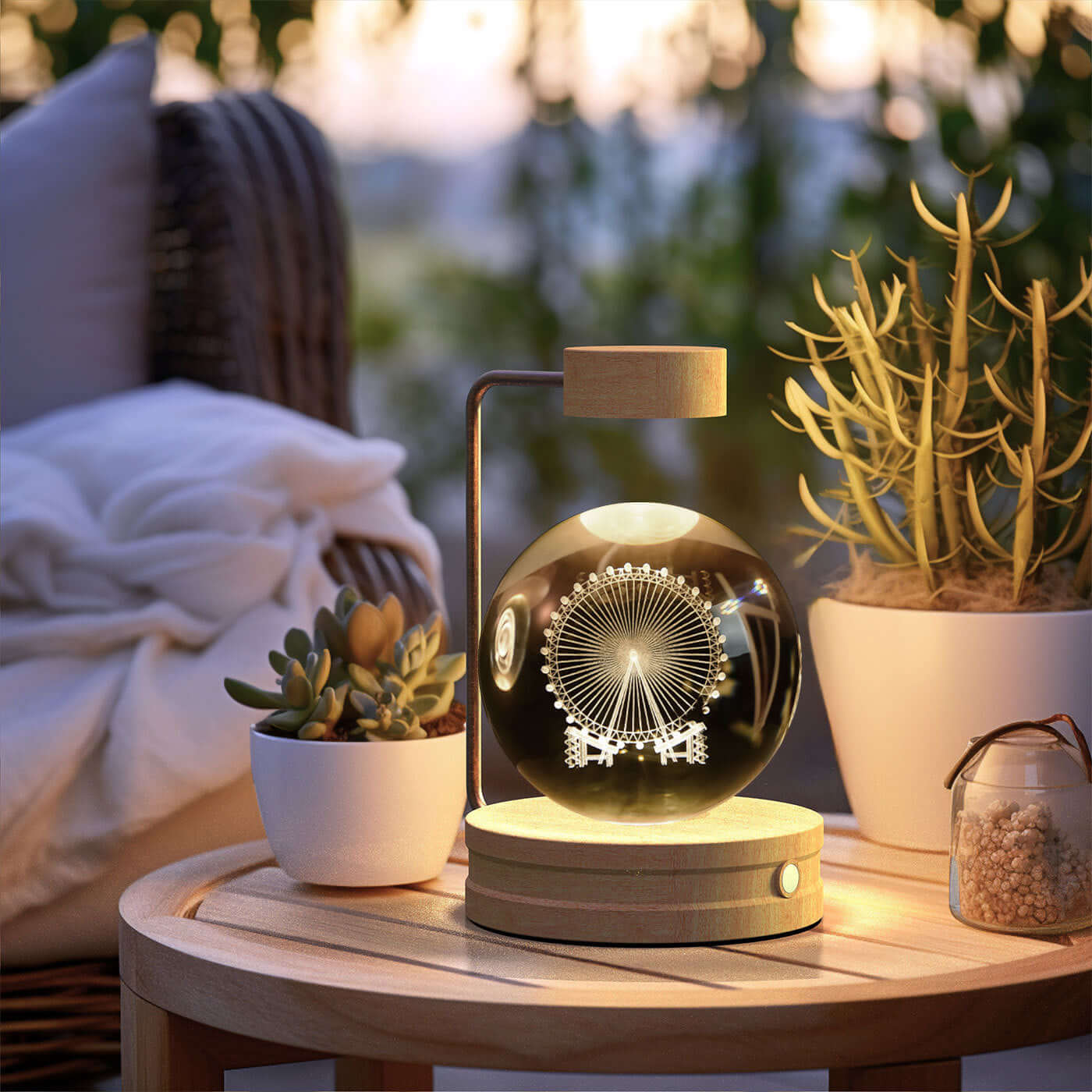 Crystal ball night light illuminating a cozy indoor scene with plants, perfect for a warm atmosphere and unique decor.