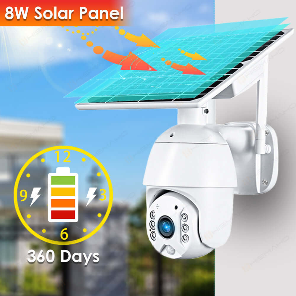 8W solar panel for outdoor security camera with 360 days battery life, designed for smart home surveillance.