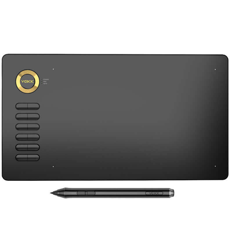 Digital drawing board with 10-inch panel, pressure-sensitive pen, and customizable buttons for artists.