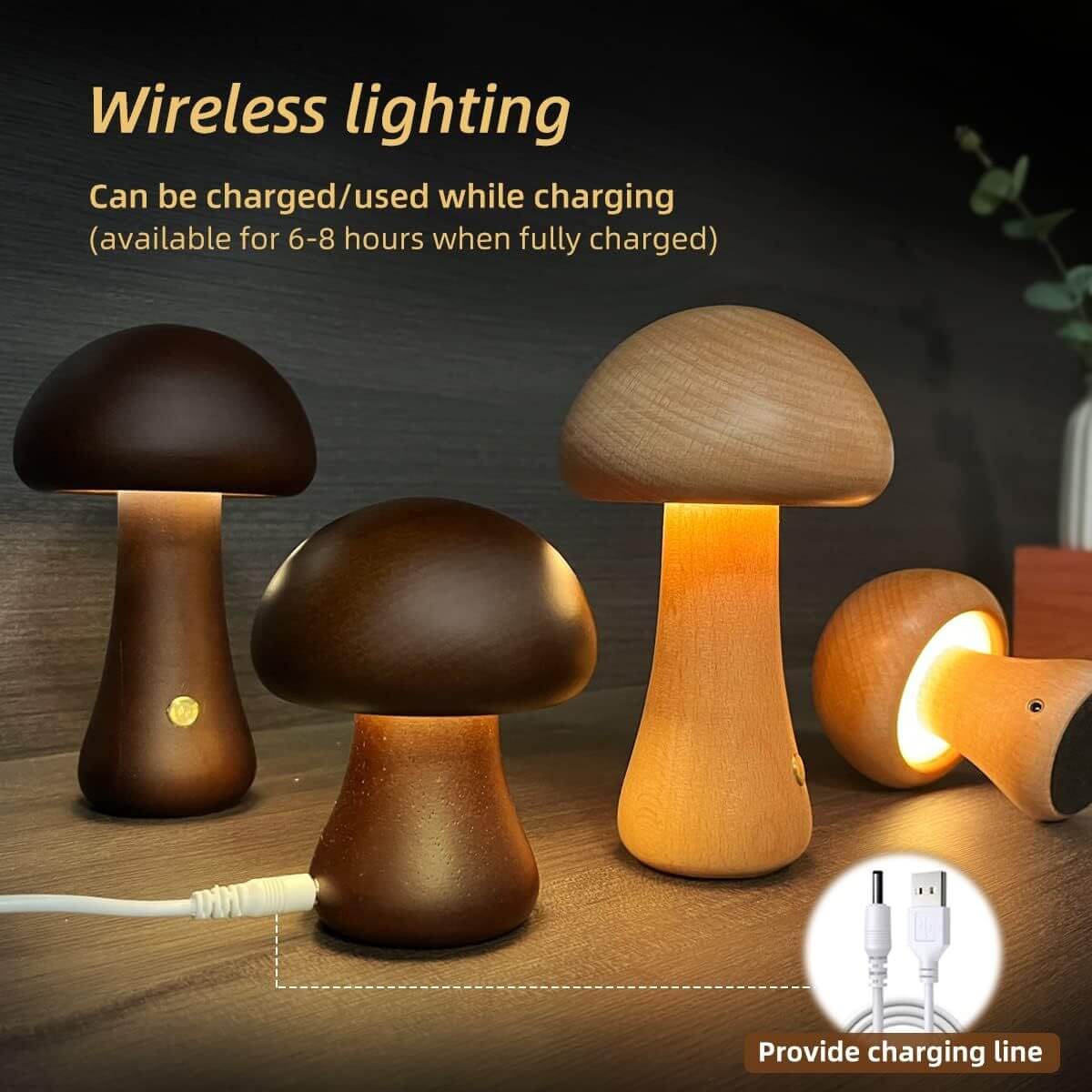 Wireless wooden mushroom night lights with USB charging, ideal for children's rooms and cozy home decor.