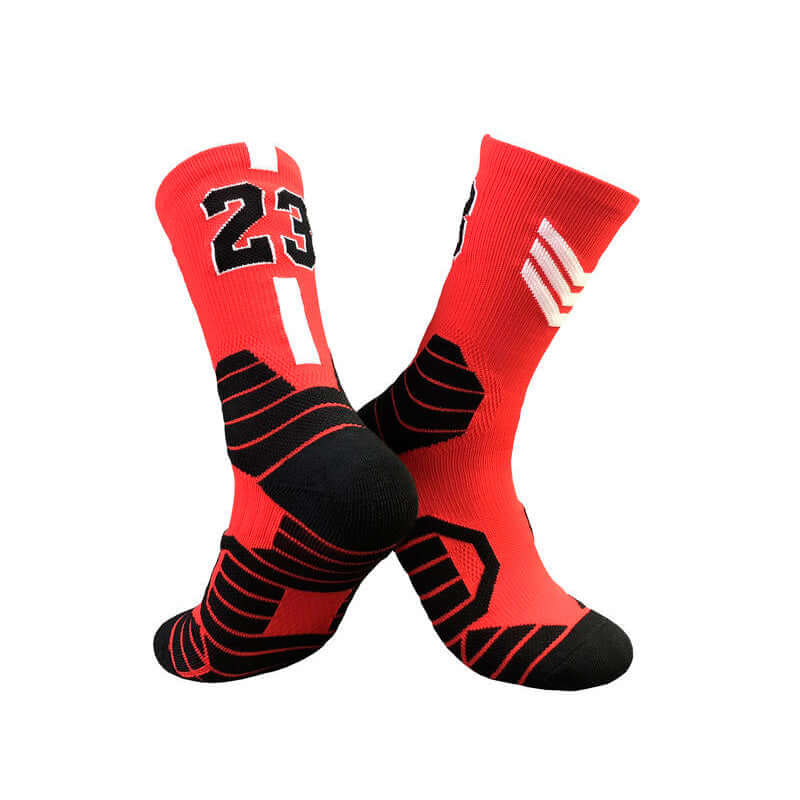 Red superstar basketball socks featuring number 23, ideal for sports with a breathable design for adults and children.