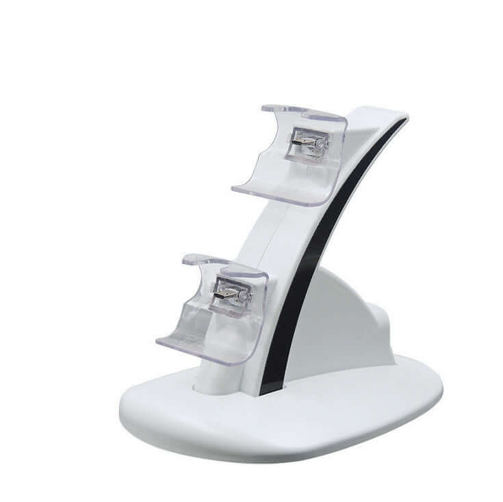 White dual charger dock for Xbox controllers with blue indicator light for charging status.