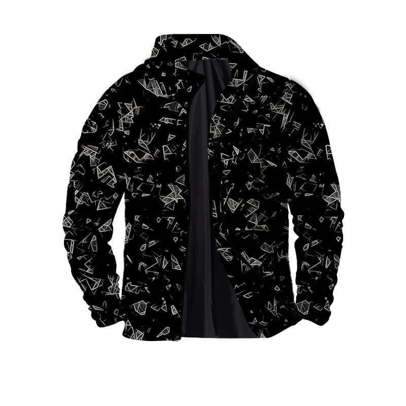 Men's twill 3D zipper jacket with abstract black and white geometric pattern, perfect for casual or outdoor wear.