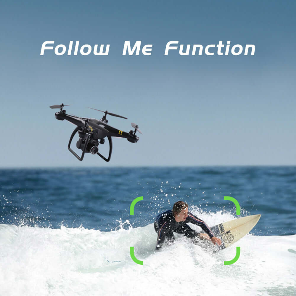 5G camera drone showcasing follow me function while capturing a surfer in action on the waves.