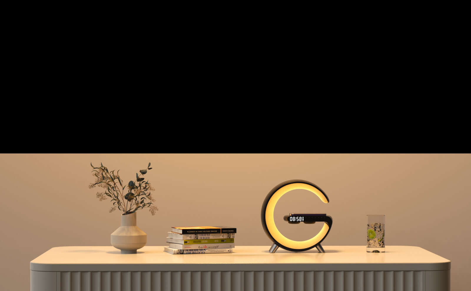 Bluetooth-enabled G shaped LED lamp with wireless charger on a stylish table, enhancing home decor.