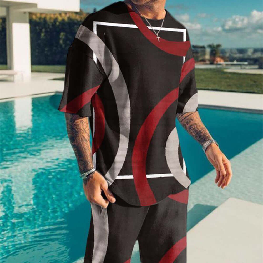 Men's T-Shirt Set featuring 3D stripes and digital printing, ideal for casual summer wear.