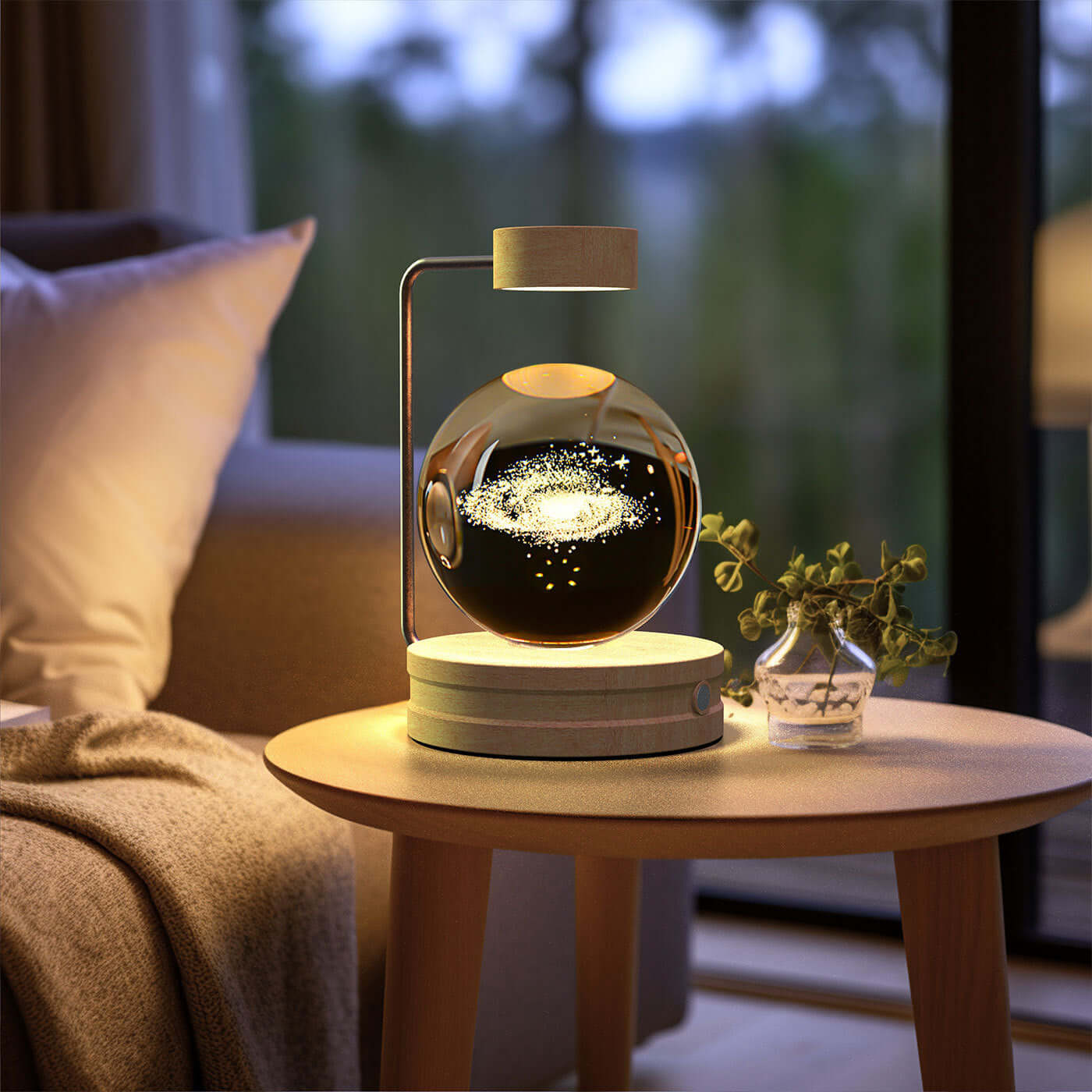 Crystal ball cosmic dinosaur night light on a side table, creating a warm and cozy atmosphere in a modern living room.