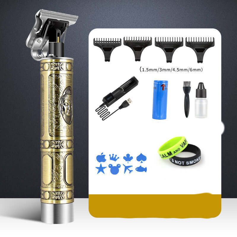 Professional electric hair clipper set with engraving, adjustable guards, and grooming tools in Buddha head style.