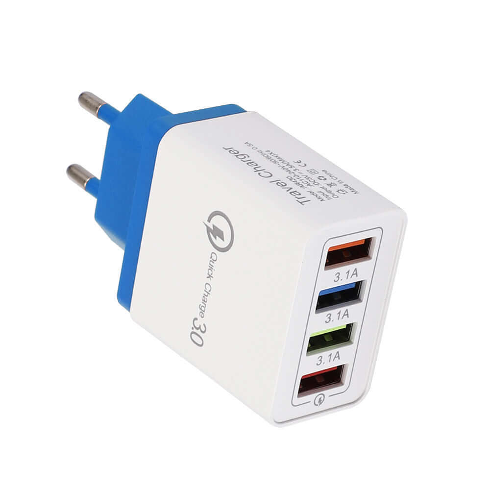 USB Charger Quick Charge 3.0 with 4 ports for fast charging multiple devices simultaneously. Portable and compact design.