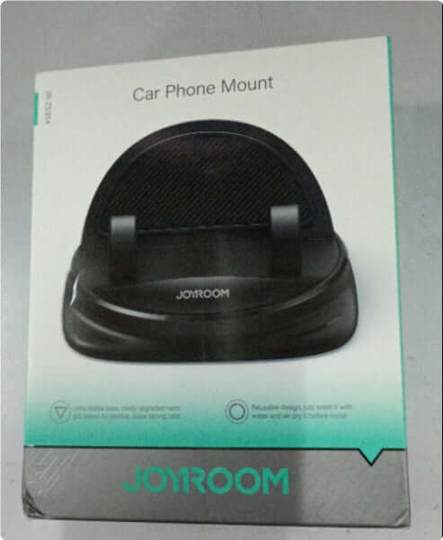 JOYROOM car phone mount packaging featuring anti-slip design and reusable silicone for secure phone placement.