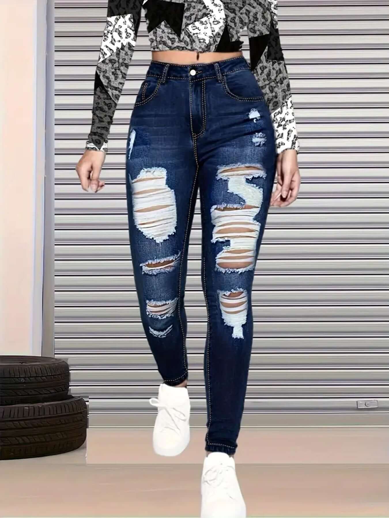 New High Waisted, Hip Lifted, Tight Fitting Women's Jeans With A Ripped Nine Quarter Cut, Suitable For Minimalist Fashion In Summer - DBMP (Electronics And More Store)