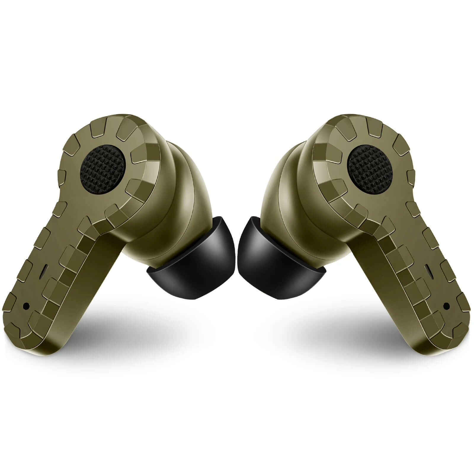 Tactical noise reduction rechargeable earplugs in green color, designed for shooting and industrial use, wireless style.