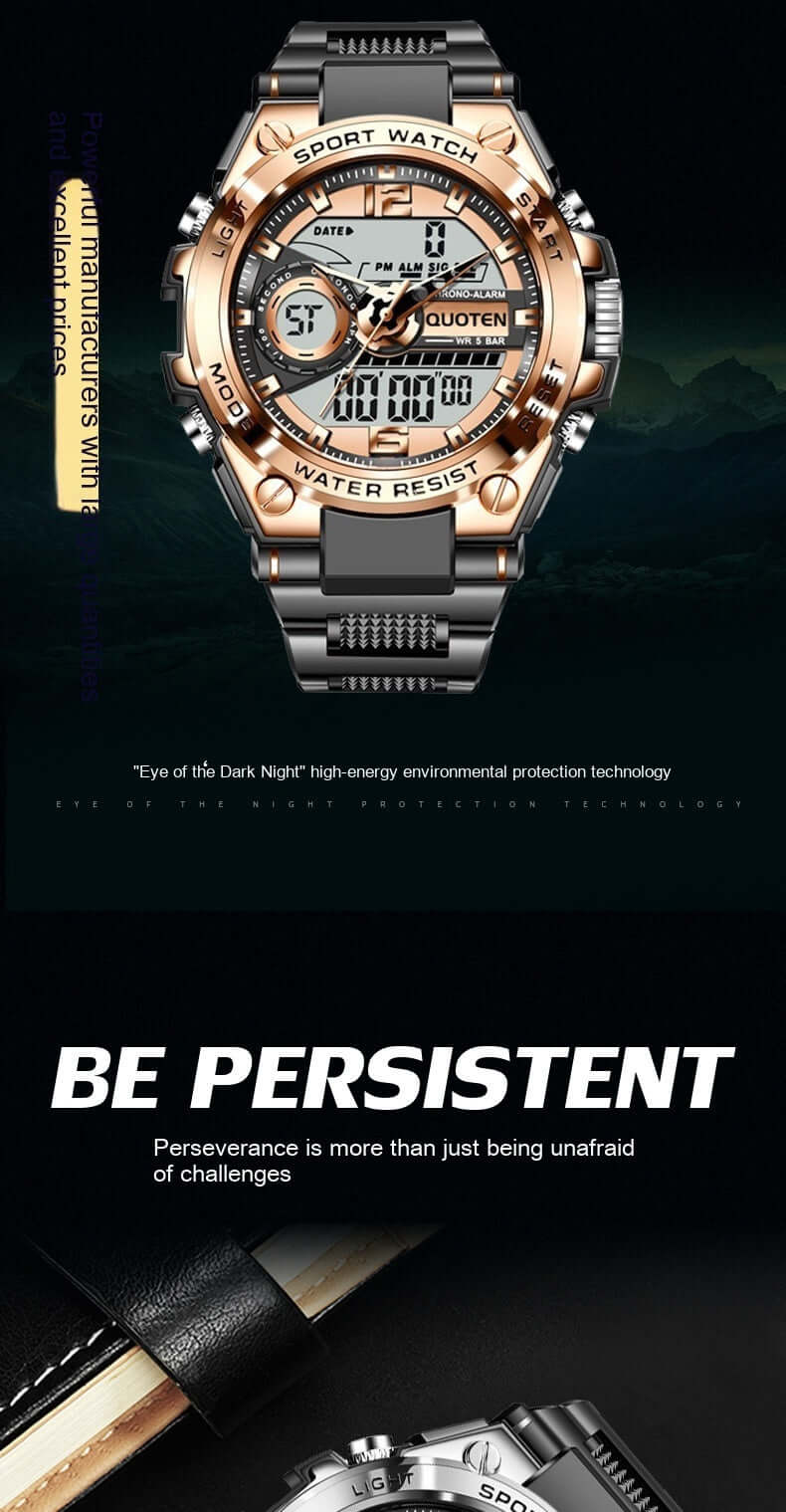 Waterproof electronic quartz sport watch with gold and black design, showcasing multi-functionality and durability.