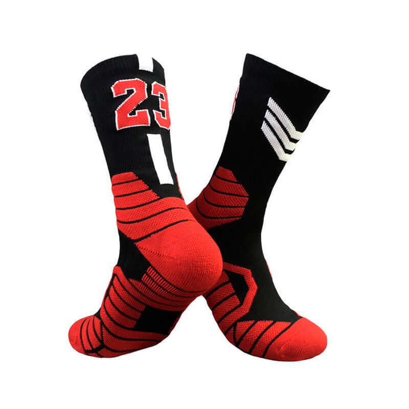 Superstar basketball socks with red and black design, featuring number 23, made from polyester and nylon for performance.
