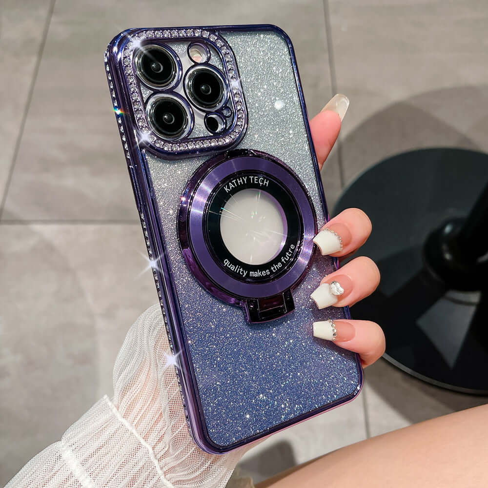 Purple glitter TPU electroplating phone case with magnetic bracket, showcasing a trendy, shockproof design.