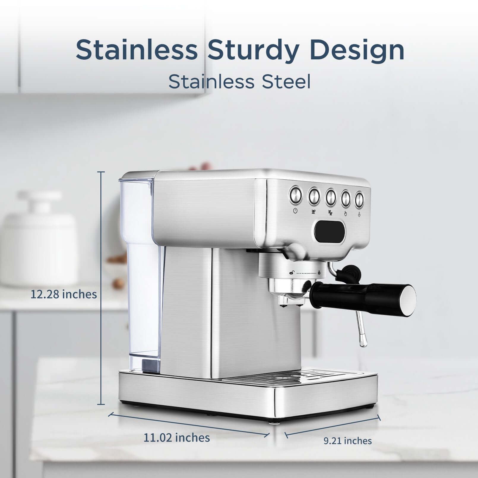 Geek Chef Espresso Machine in stainless steel featuring a sturdy design and precise dimensions for home brewing.