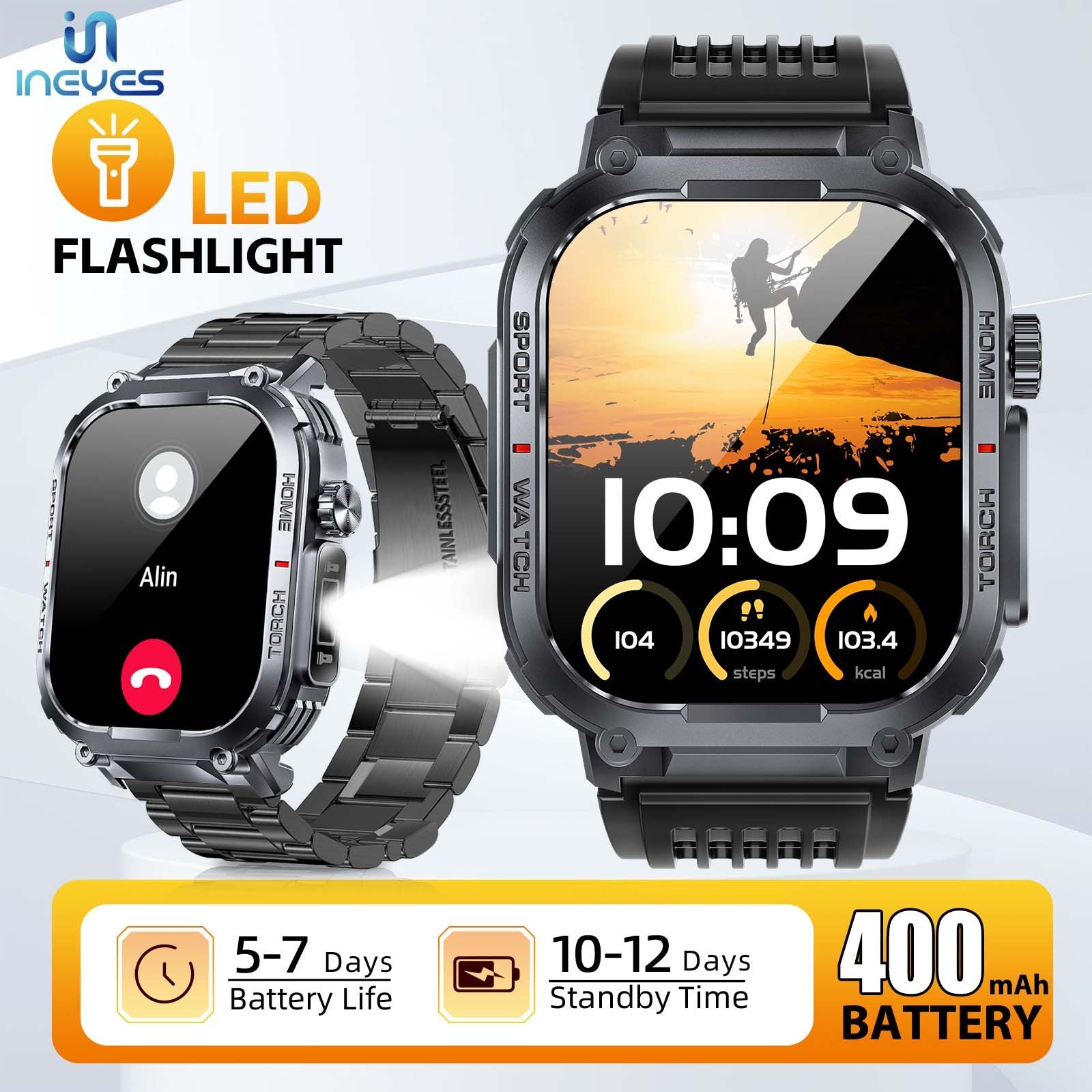 INEYES S320B Sport Modes Smart Watch For Men With LED Flashlight, Women's Smartwatch With Wireless Call, Men's Smartwatches With 2.02 - Inch HD Screen - DBMP (Electronics And More Store)